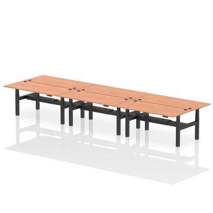 Air Back-to-Back Height Adjustable Bench Desk - 6 Person with cable ports W1800 beech top with black frame