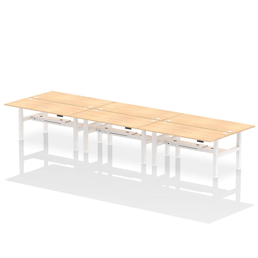Air Back-to-Back Height Adjustable Bench Desk - 6 Person with cable ports W1800 maple top with white frame