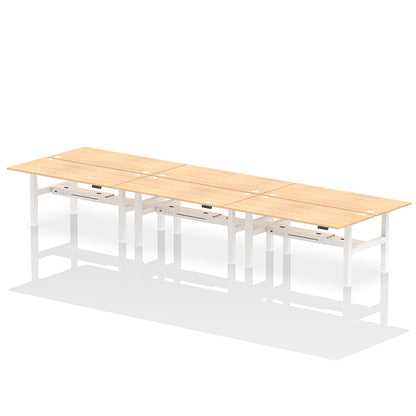 Air Back-to-Back Height Adjustable Bench Desk - 6 Person with cable ports W1800 maple top with white frame