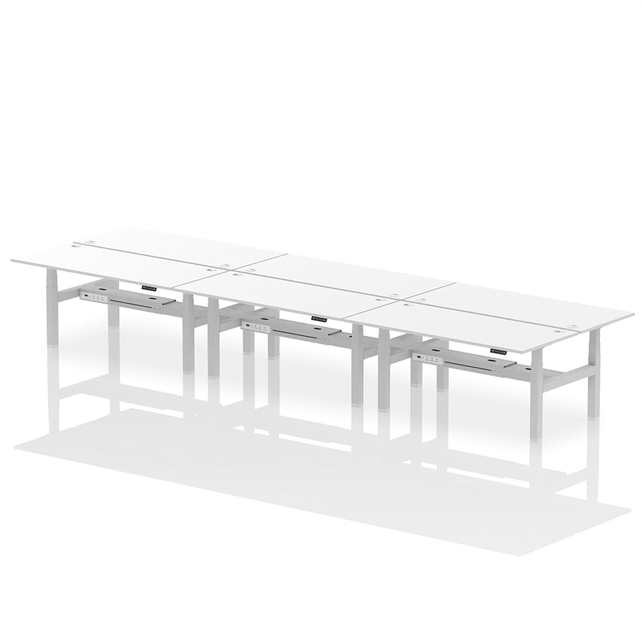 Air Back-to-Back Height Adjustable Bench Desk - 6 Person with cable ports W1800 white top with silver frame