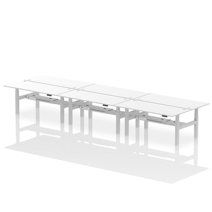Air Back-to-Back Height Adjustable Bench Desk - 6 Person with cable ports W1800 white top with silver frame