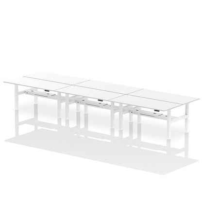 Air Back-to-Back Height Adjustable Bench Desk - 6 Person with cable ports W1800 white top with white frame