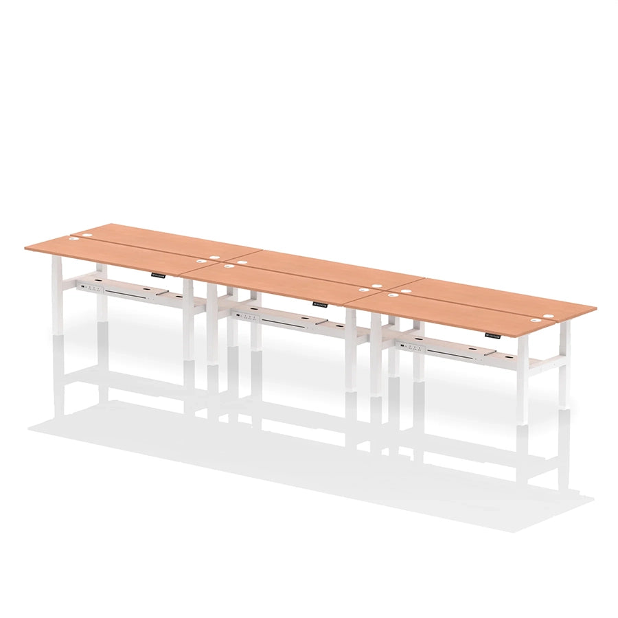 Air Back-to-Back Height Adjustable Bench Desk - 6 Person with cable ports W1800mm beech top with white frame