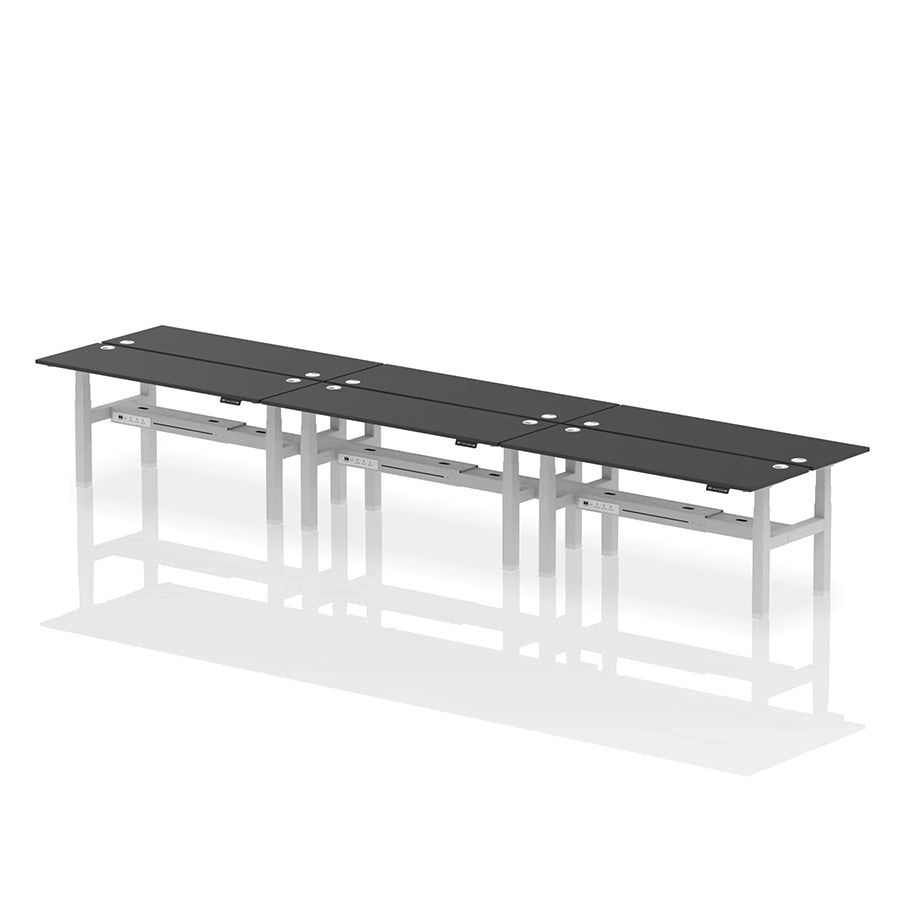 Air Back-to-Back Height Adjustable Bench Desk - 6 Person with cable ports W1800mm black top with silver frame
