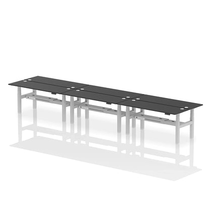 Air Back-to-Back Height Adjustable Bench Desk - 6 Person with cable ports W1800mm black top with silver frame