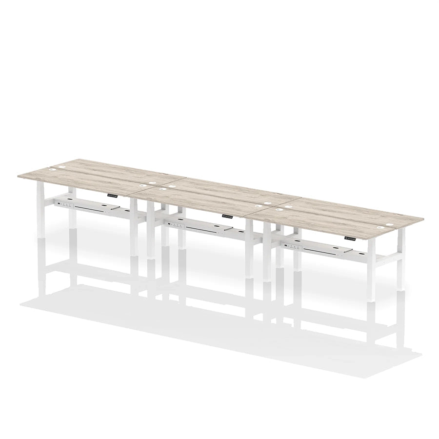 Air Back-to-Back Height Adjustable Bench Desk - 6 Person with cable ports W1800mm grey oak top with white frame