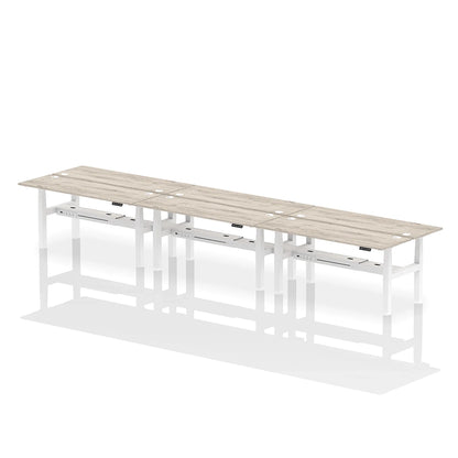 Air Back-to-Back Height Adjustable Bench Desk - 6 Person with cable ports W1800mm grey oak top with white frame