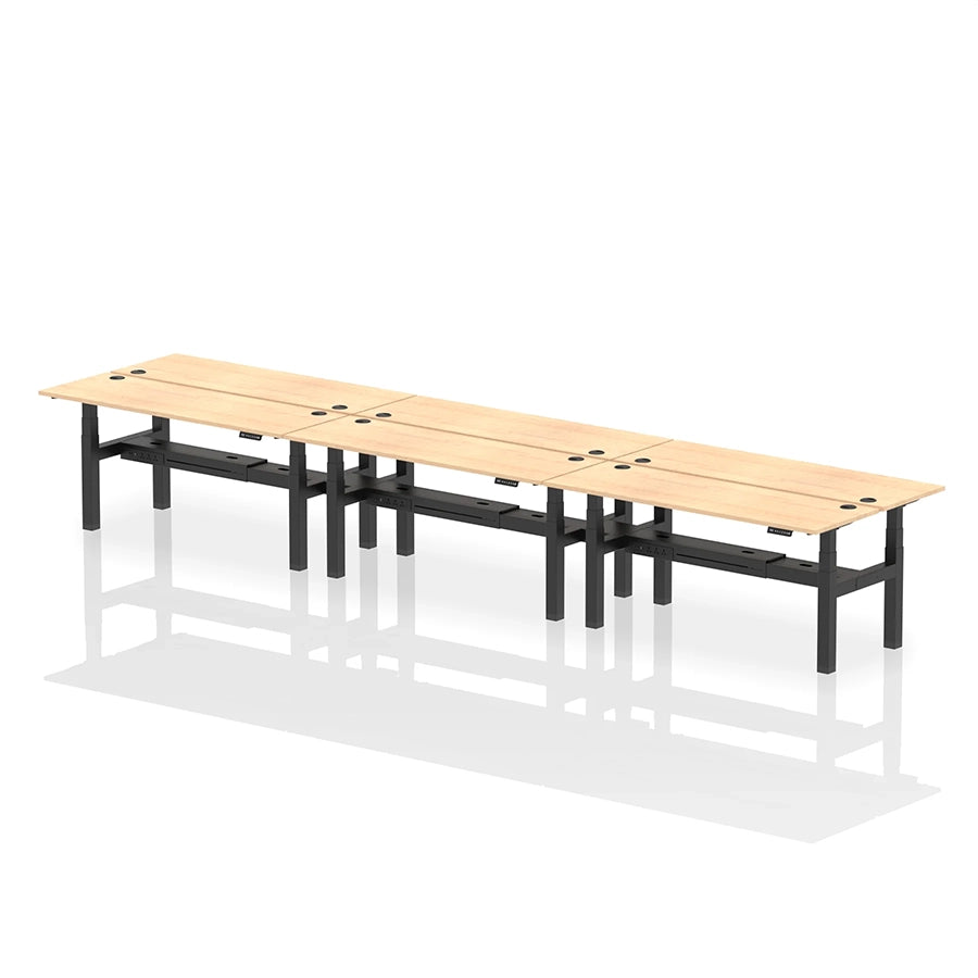 Air Back-to-Back Height Adjustable Bench Desk - 6 Person with cable ports W1800mm maple top with black frame