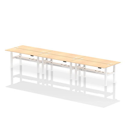 Air Back-to-Back Height Adjustable Bench Desk - 6 Person with cable ports W1800mm maple top with white frame