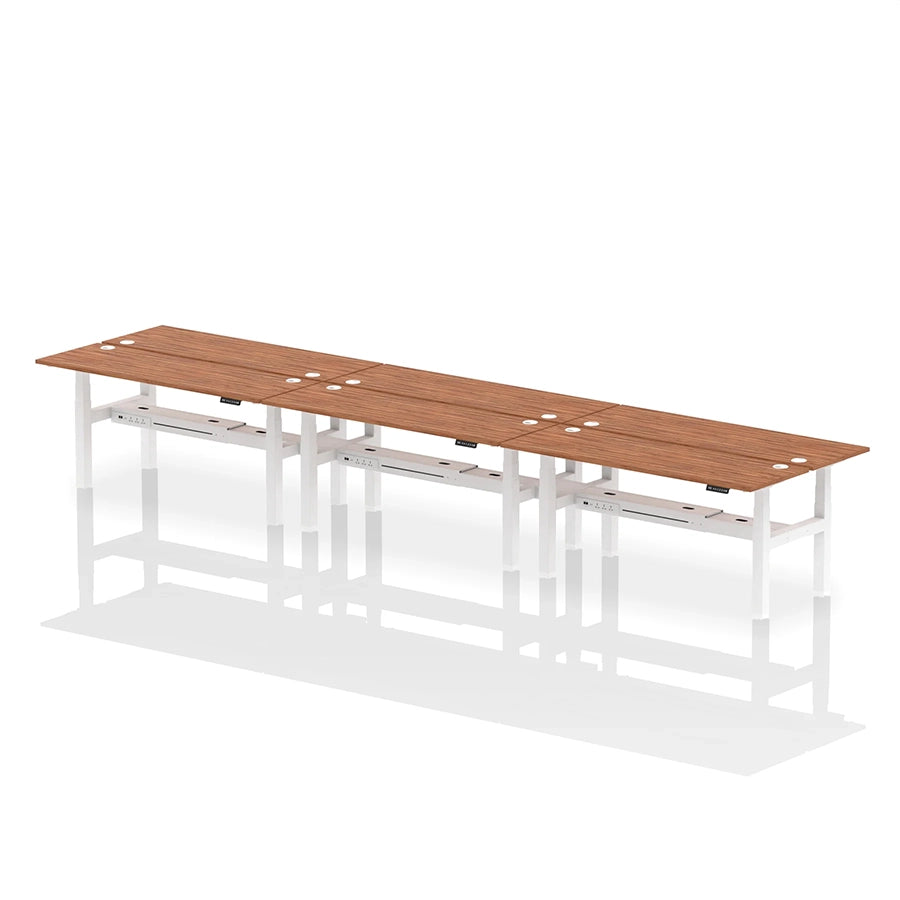 Air Back-to-Back Height Adjustable Bench Desk - 6 Person with cable ports W1800mm walnut top with white frame