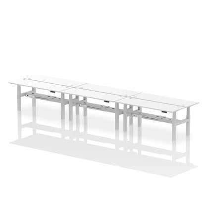Air Back-to-Back Height Adjustable Bench Desk - 6 Person with cable ports W1800mm white top with silver frame
