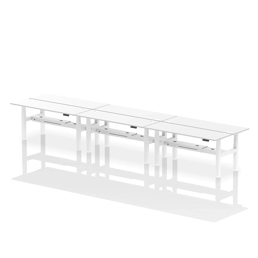 Air Back-to-Back Height Adjustable Bench Desk - 6 Person with cable ports W1800mm white top with white frame