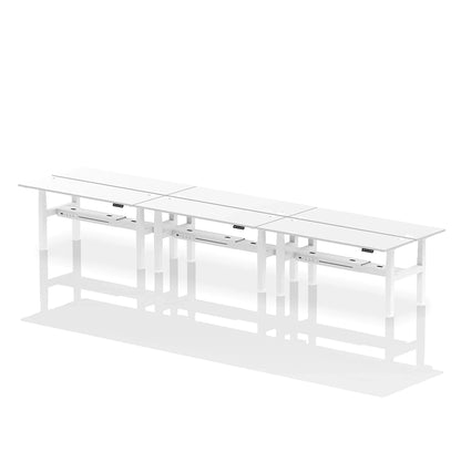 Air Back-to-Back Height Adjustable Bench Desk - 6 Person with cable ports W1800mm white top with white frame