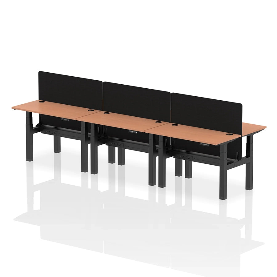 Air Back-to-Back Height Adjustable Bench Desk - 6 Person with cable ports and black straight screen W1200mm beech top with black frame