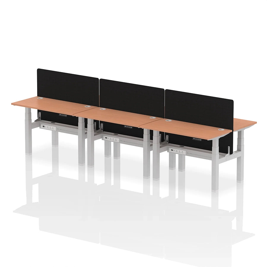 Air Back-to-Back Height Adjustable Bench Desk - 6 Person with cable ports and black straight screen W1200mm beech top with silver frame