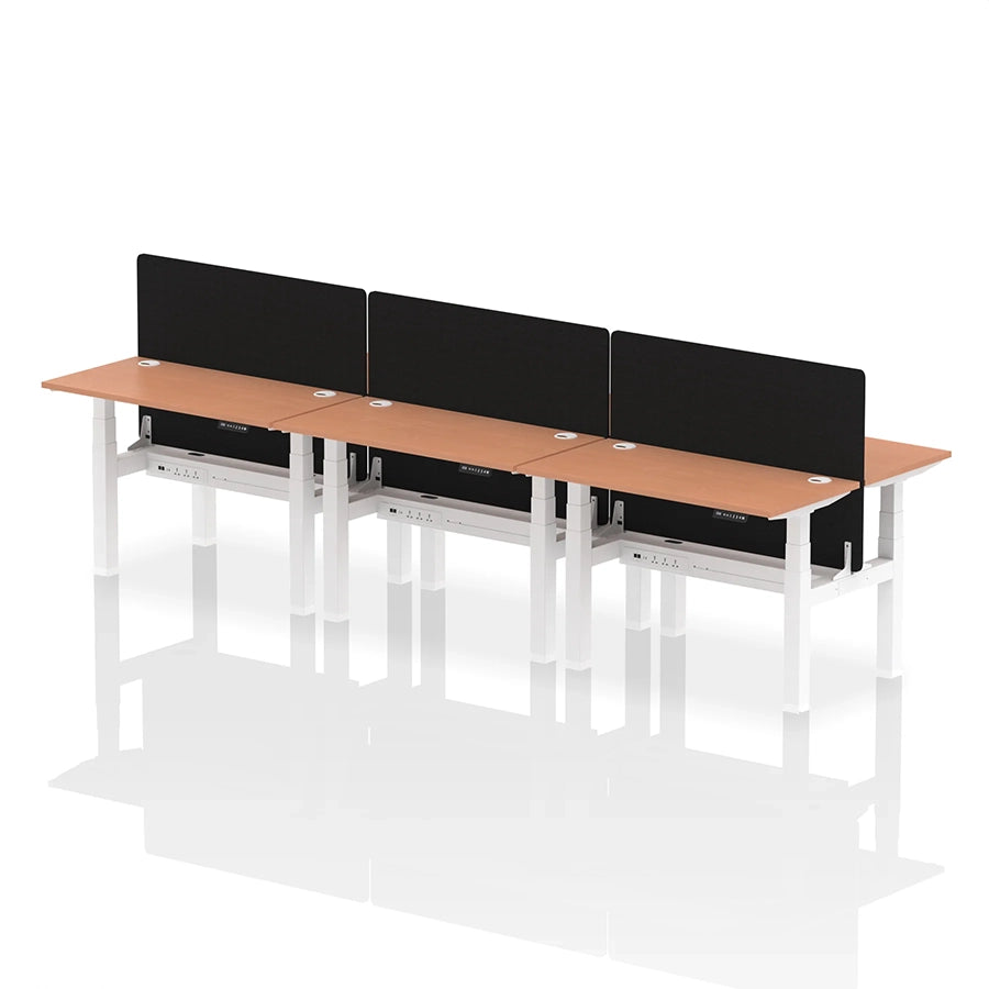 Air Back-to-Back Height Adjustable Bench Desk - 6 Person with cable ports and black straight screen W1200mm beech top with white frame