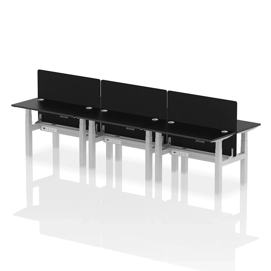 Air Back-to-Back Height Adjustable Bench Desk - 6 Person with cable ports and black straight screen W1200mm black top with silver frame 