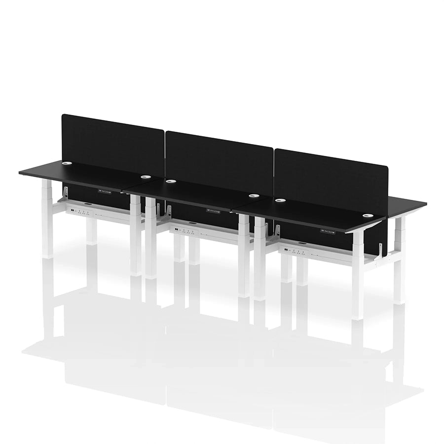 Air Back-to-Back Height Adjustable Bench Desk - 6 Person with cable ports and black straight screen W1200mm black top with white frame 