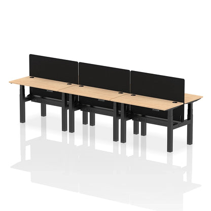 Air Back-to-Back Height Adjustable Bench Desk - 6 Person with cable ports and black straight screen W1200mm maple top with black frame