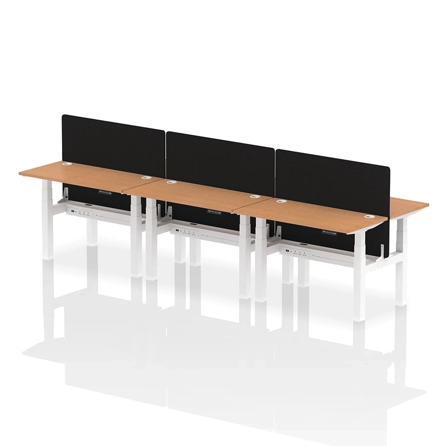 Air Back-to-Back Height Adjustable Bench Desk - 6 Person with cable ports and black straight screen W1200mm oak top with white frame