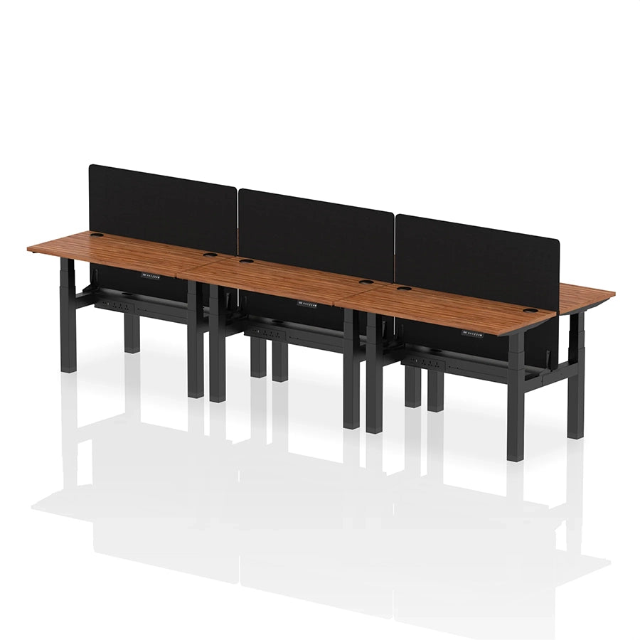 Air Back-to-Back Height Adjustable Bench Desk - 6 Person with cable ports and black straight screen W1200mm walnut top with black frame