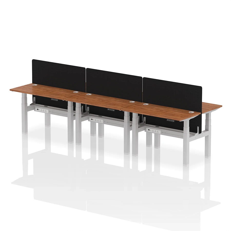 Air Back-to-Back Height Adjustable Bench Desk - 6 Person with cable ports and black straight screen W1200mm walnut top with silver frame