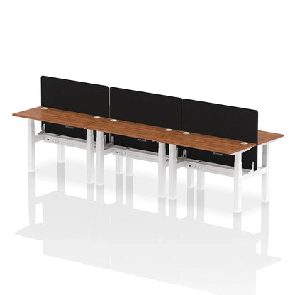 Air Back-to-Back Height Adjustable Bench Desk - 6 Person with cable ports and black straight screen W1200mm walnut top with white frame 