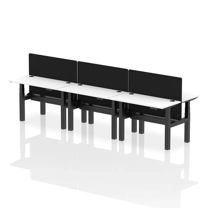 Air Back-to-Back Height Adjustable Bench Desk - 6 Person with cable ports and black straight screen W1200mm white top with black frame