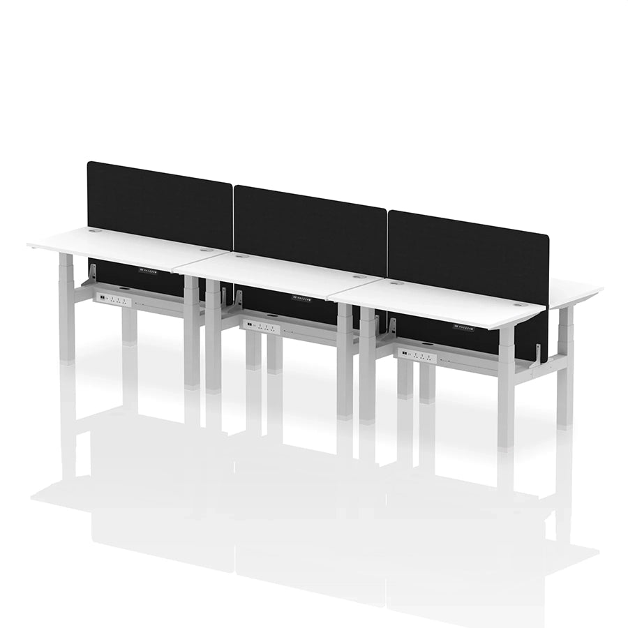Air Back-to-Back Height Adjustable Bench Desk - 6 Person with cable ports and black straight screen W1200mm white top with silver frame