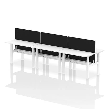 Air Back-to-Back Height Adjustable Bench Desk - 6 Person with cable ports and black straight screen W1200mm white top with white frame