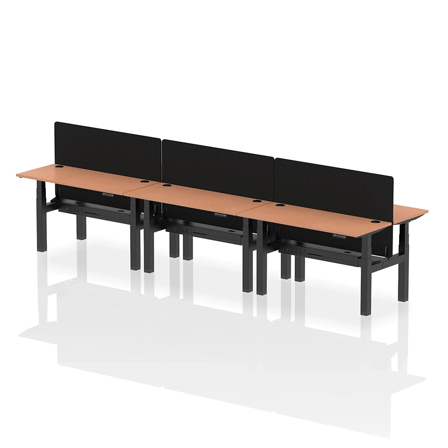 Air Back-to-Back Height Adjustable Bench Desk - 6 Person with cable ports and black straight screen W1400mm beech top with black frame