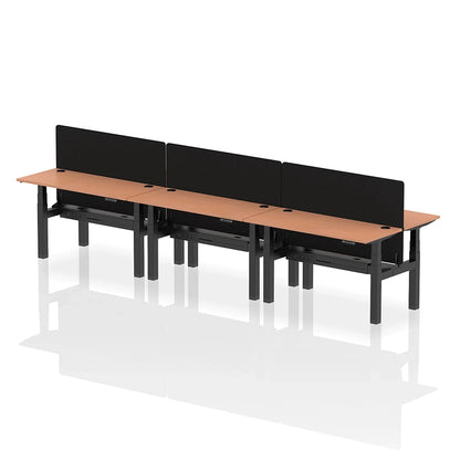 Air Back-to-Back Height Adjustable Bench Desk - 6 Person with cable ports and black straight screen W1400mm beech top with black frame