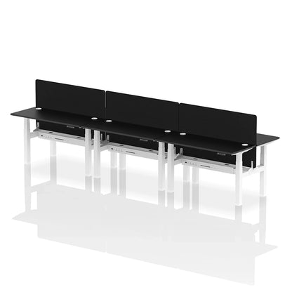 Air Back-to-Back Height Adjustable Bench Desk - 6 Person with cable ports and black straight screen W1400mm black top with white frame 