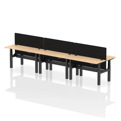 Air Back-to-Back Height Adjustable Bench Desk - 6 Person with cable ports and black straight screen W1400mm maple top with black frame