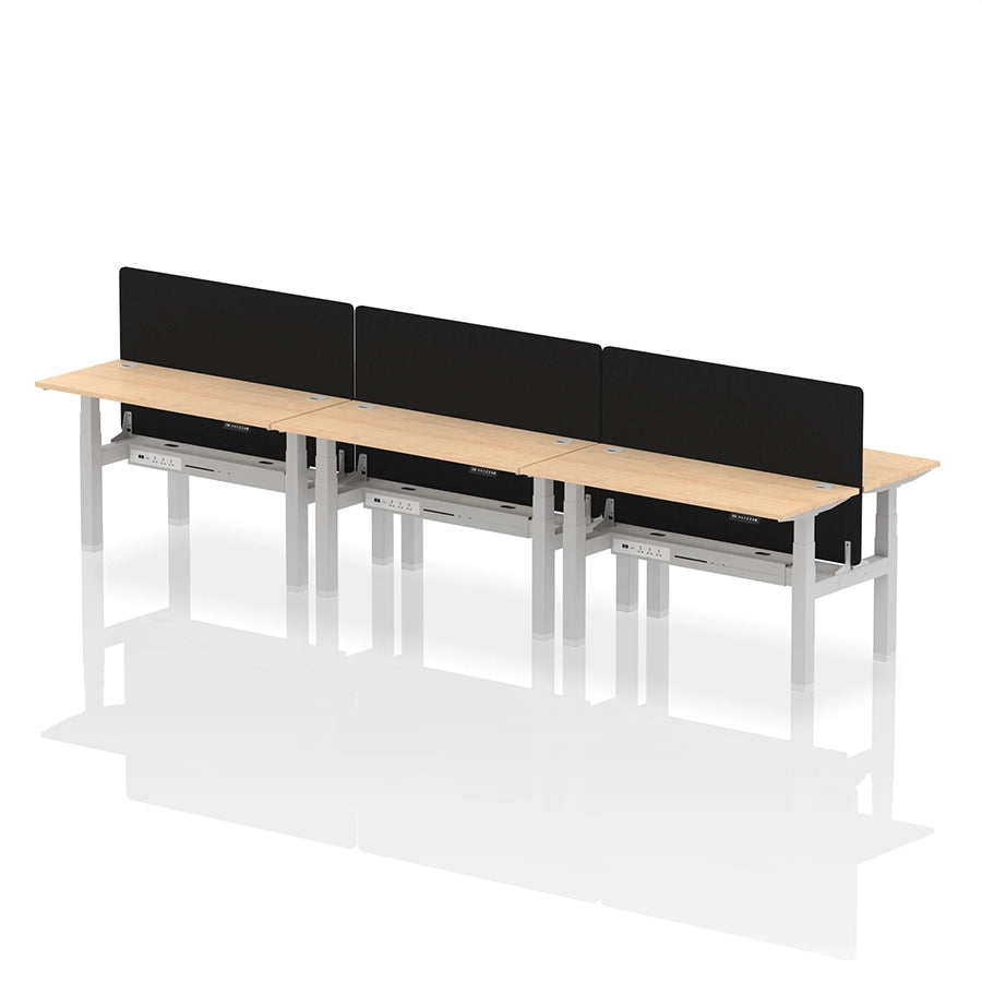 Air Back-to-Back Height Adjustable Bench Desk - 6 Person with cable ports and black straight screen W1400mm maple top with silver frame