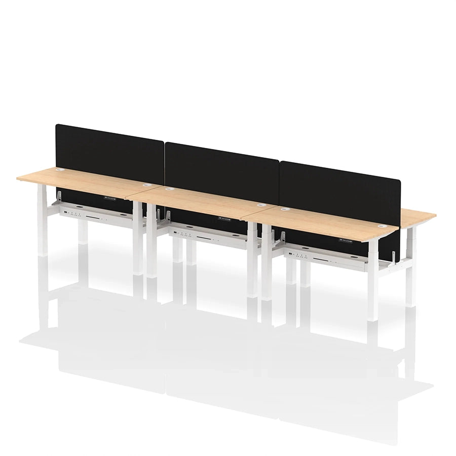 Air Back-to-Back Height Adjustable Bench Desk - 6 Person with cable ports and black straight screen W1400mm maple top with white frame