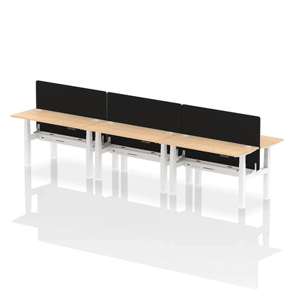 Air Back-to-Back Height Adjustable Bench Desk - 6 Person with cable ports and black straight screen W1400mm maple top with white frame