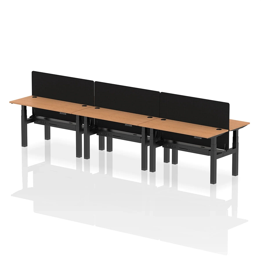 Air Back-to-Back Height Adjustable Bench Desk - 6 Person with cable ports and black straight screen W1400mm oak top with black frame