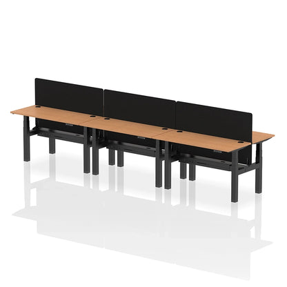 Air Back-to-Back Height Adjustable Bench Desk - 6 Person with cable ports and black straight screen W1400mm oak top with black frame