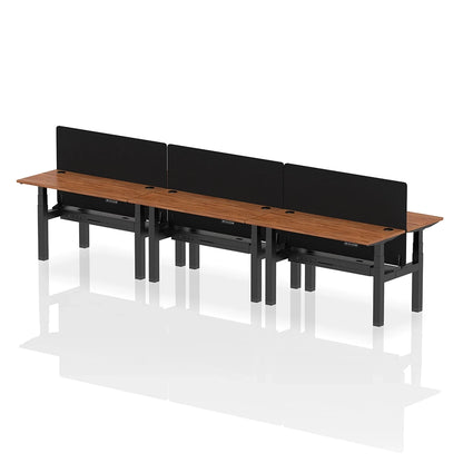 Air Back-to-Back Height Adjustable Bench Desk - 6 Person with cable ports and black straight screen W1400mm walnut top with black frame