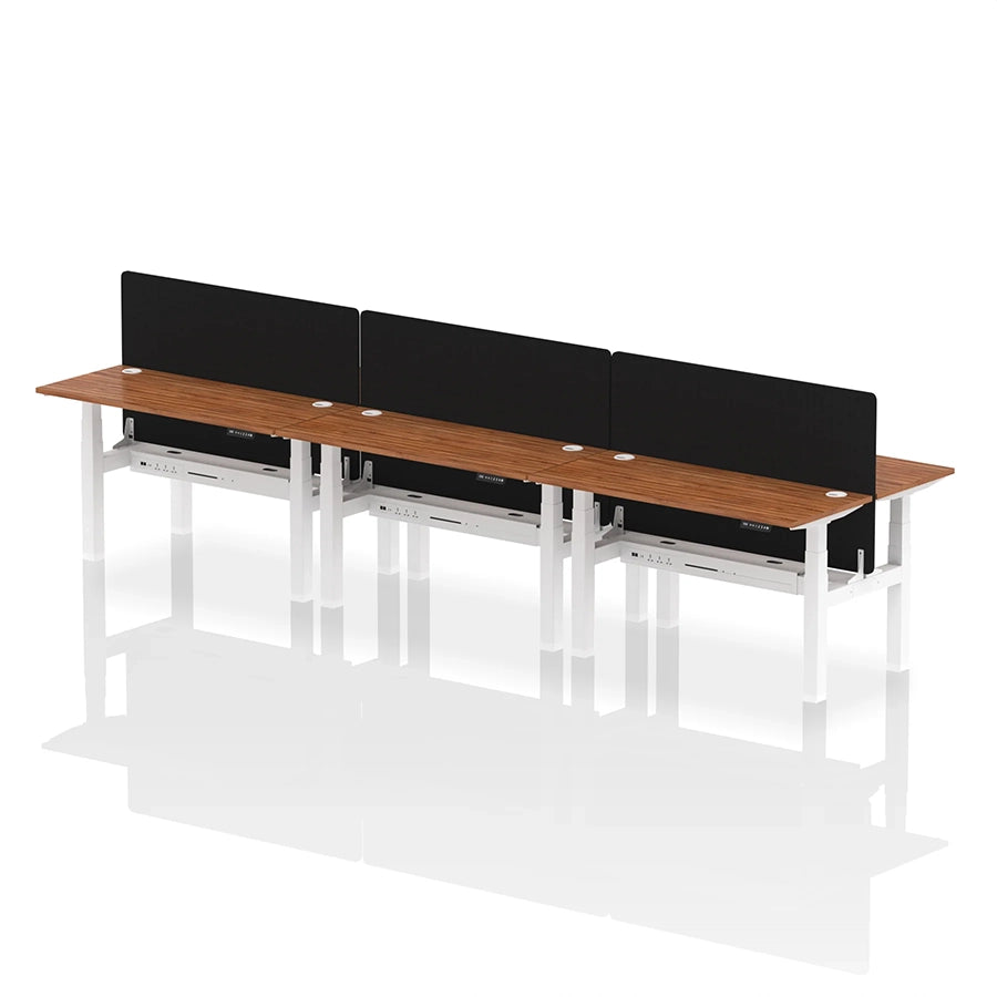 Air Back-to-Back Height Adjustable Bench Desk - 6 Person with cable ports and black straight screen W1400mm walnut top with white frame