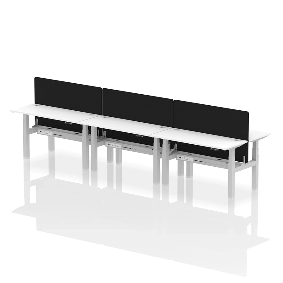 Air Back-to-Back Height Adjustable Bench Desk - 6 Person with cable ports and black straight screen W1400mm white top with silver frame