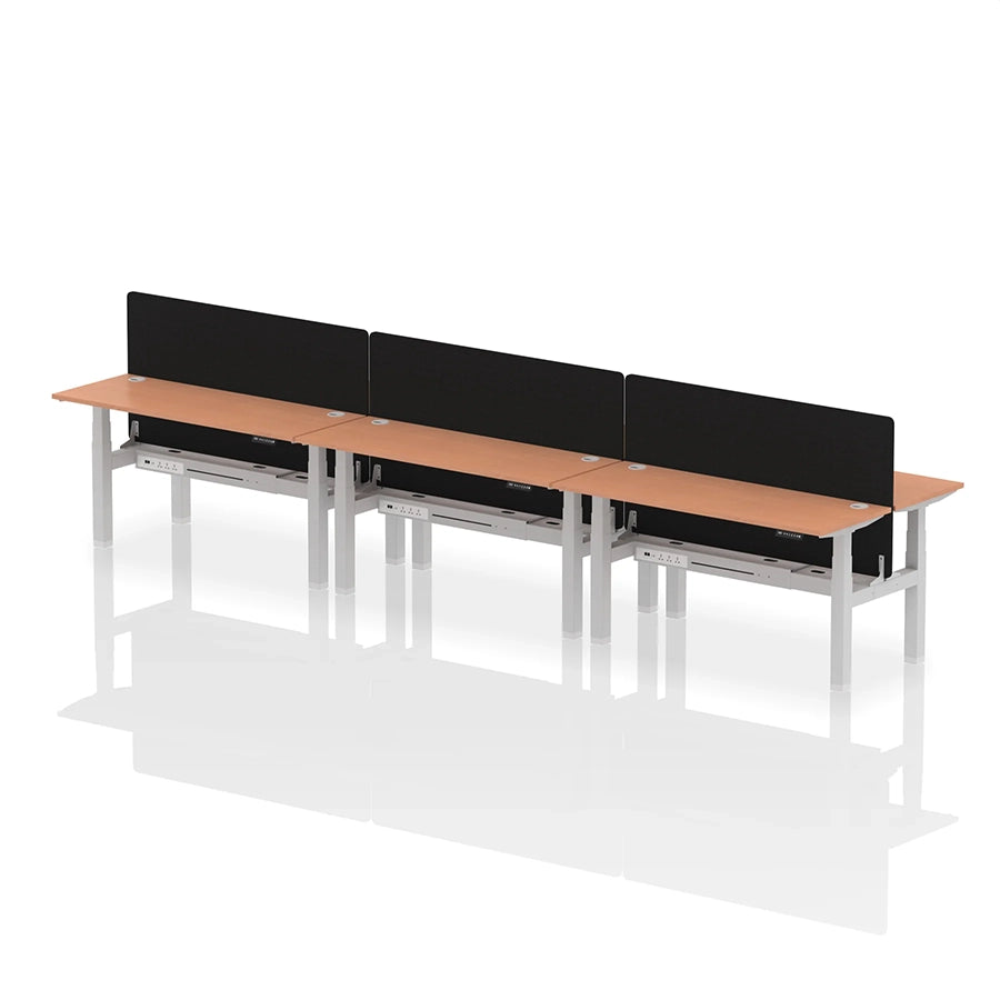 Air Back-to-Back Height Adjustable Bench Desk - 6 Person with cable ports and black straight screen W1600mm beech top with silver frame
