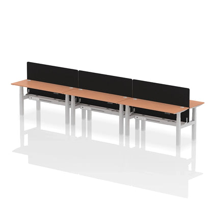 Air Back-to-Back Height Adjustable Bench Desk - 6 Person with cable ports and black straight screen W1600mm beech top with silver frame