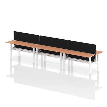Air Back-to-Back Height Adjustable Bench Desk - 6 Person with cable ports and black straight screen W1600mm beech top with white frame