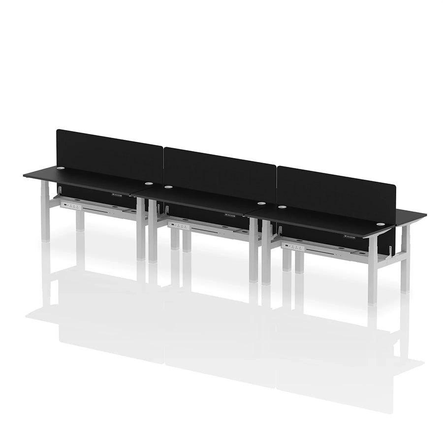 Air Back-to-Back Height Adjustable Bench Desk - 6 Person with cable ports and black straight screen W1600mm black top with silver frame 