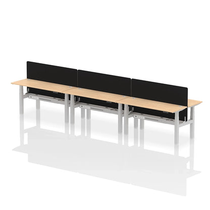 Air Back-to-Back Height Adjustable Bench Desk - 6 Person with cable ports and black straight screen W1600mm maple top with silver frame