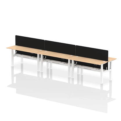 Air Back-to-Back Height Adjustable Bench Desk - 6 Person with cable ports and black straight screen W1600mm maple top with white frame 