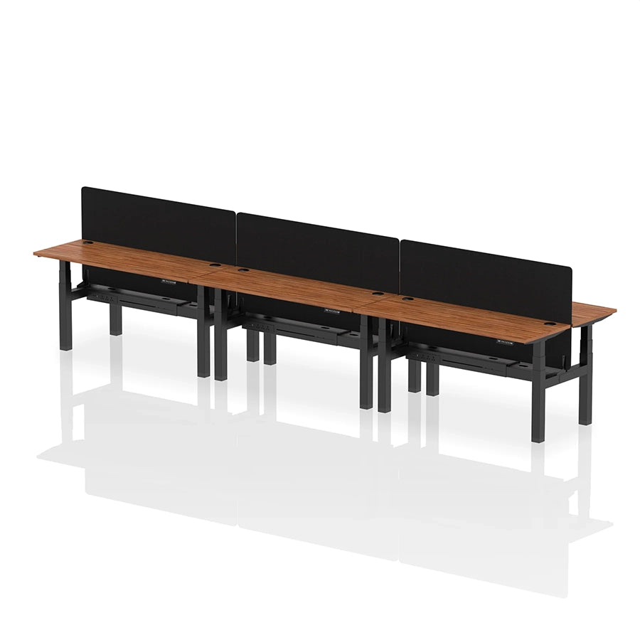 Air Back-to-Back Height Adjustable Bench Desk - 6 Person with cable ports and black straight screen W1600mm walnut top with black frame 