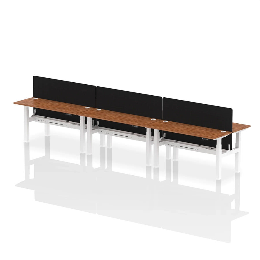 Air Back-to-Back Height Adjustable Bench Desk - 6 Person with cable ports and black straight screen W1600mm walnut top with white frame 